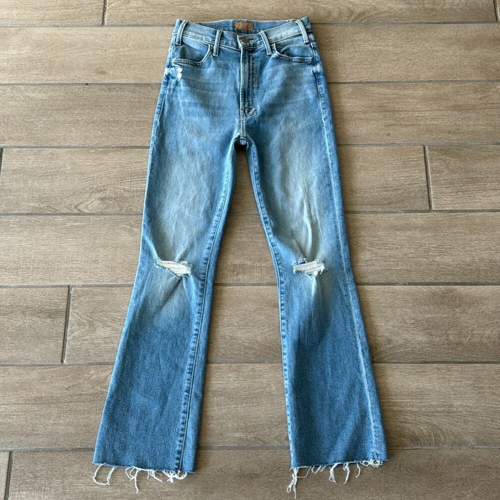 MOTHER Blue Flare Wide Leg Jeans with Distressed Details